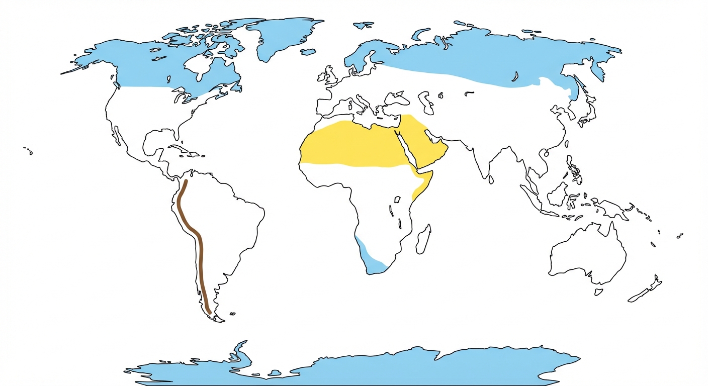 Dessin simple vue de face d'un planisphère mondial avec fond blanc. L'extrême nord et sud du planisphère sont colorés en bleu clair pour représenter les espaces froids. Une large bande horizontale au centre en Afrique est colorée en jaune pour le désert. Une longue ligne verticale marron se trouve sur le bord gauche de l'Amérique du sud pour la montagne. Aucun texte sur l'image.