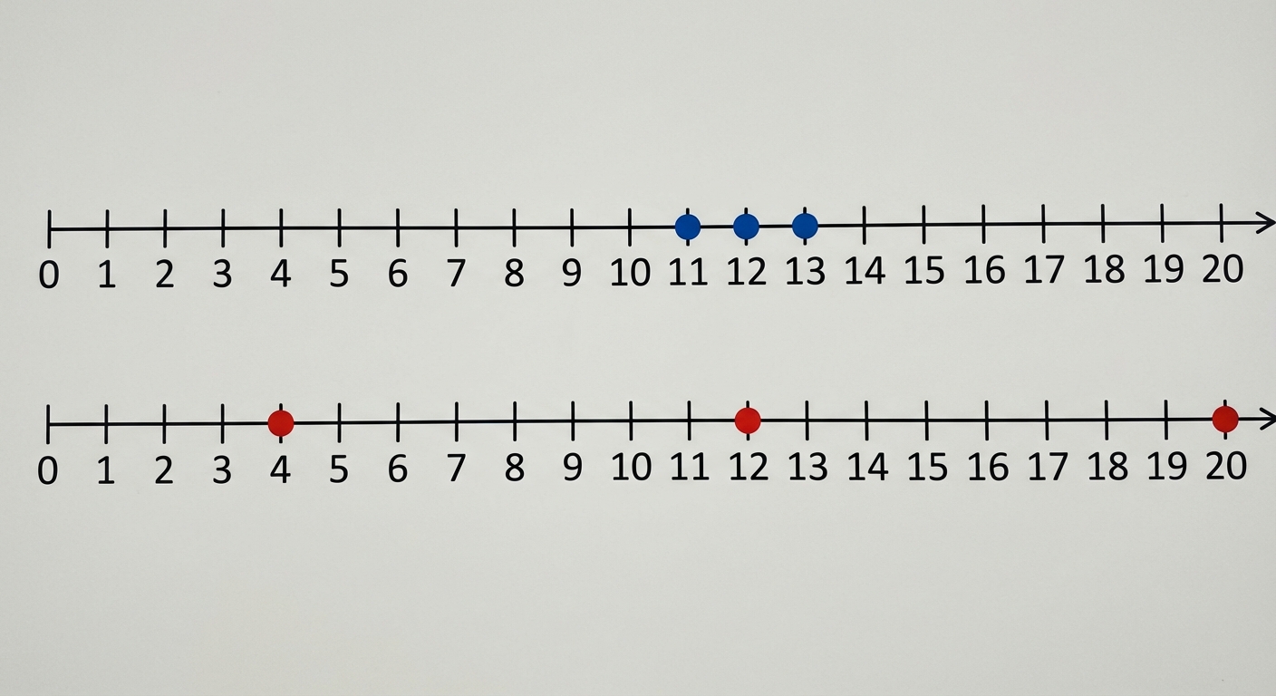 Dessin simple de deux axes horizontaux gradués de 0 à 20. Sur l'axe du haut, trois points bleus proches marqués à 11, 12 et 13. Sur l'axe du bas, trois points rouges très éloignés marqués à 4, 12 et 20.