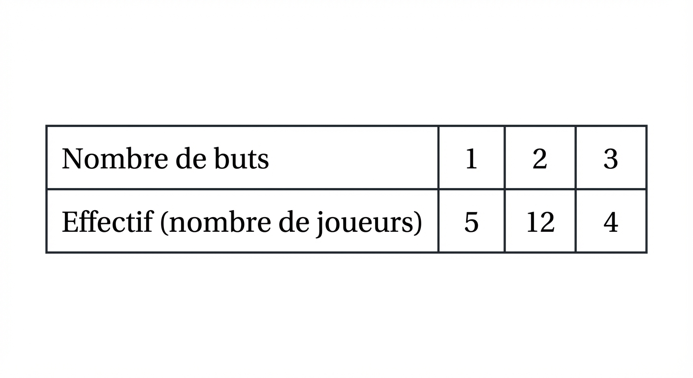 Image d'un tableau simple à deux lignes et quatre colonnes. Première ligne intitulée 'Nombre de buts' avec les valeurs 1, 2, 3. Deuxième ligne intitulée 'Effectif (nombre de joueurs)' avec les valeurs 5, 12, 4. Design scolaire propre sur fond blanc.