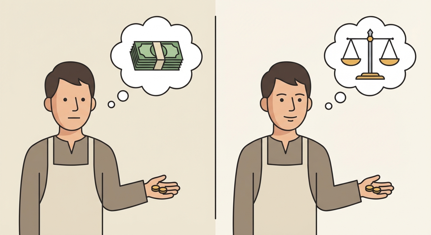 Illustration style 'flat design' divisée en deux. À gauche, un commerçant rend la monnaie en pensant à une liasse de billets (bulle de pensée). À droite, le même commerçant rend la monnaie avec un visage noble, en pensant simplement à une balance de justice équilibrée.