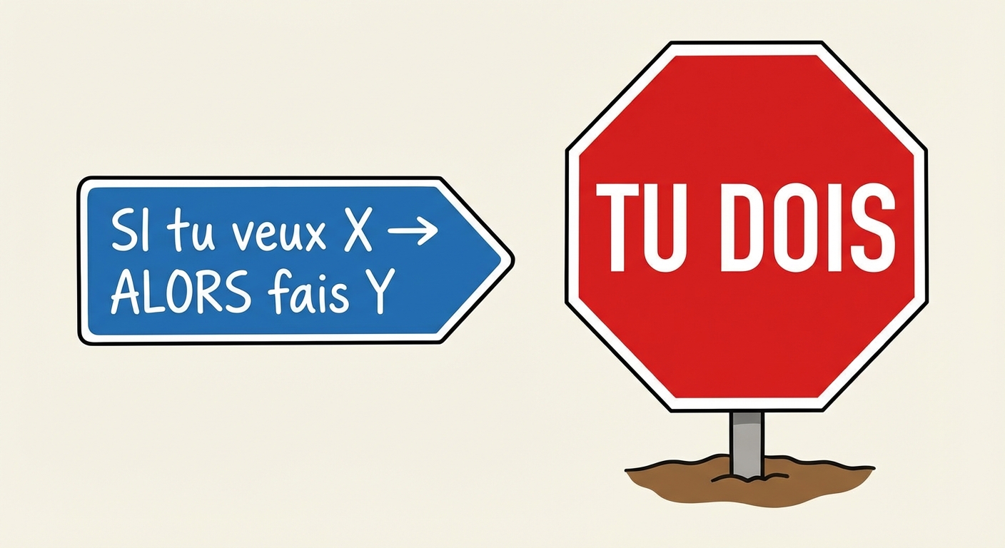 Schéma simple. À gauche, un panneau fléché bleu marqué 'SI tu veux X -> ALORS fais Y'. À droite, un panneau stop rouge octogonal, marqué 'TU DOIS', planté fermement dans le sol, sans autre texte.