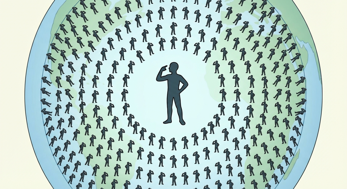 Dessin symbolique. Au centre, une silhouette humaine fait une action. Tout autour, sur une sphère représentant la Terre, une multitude de petites silhouettes identiques répètent exactement la même action en synchonicité.
