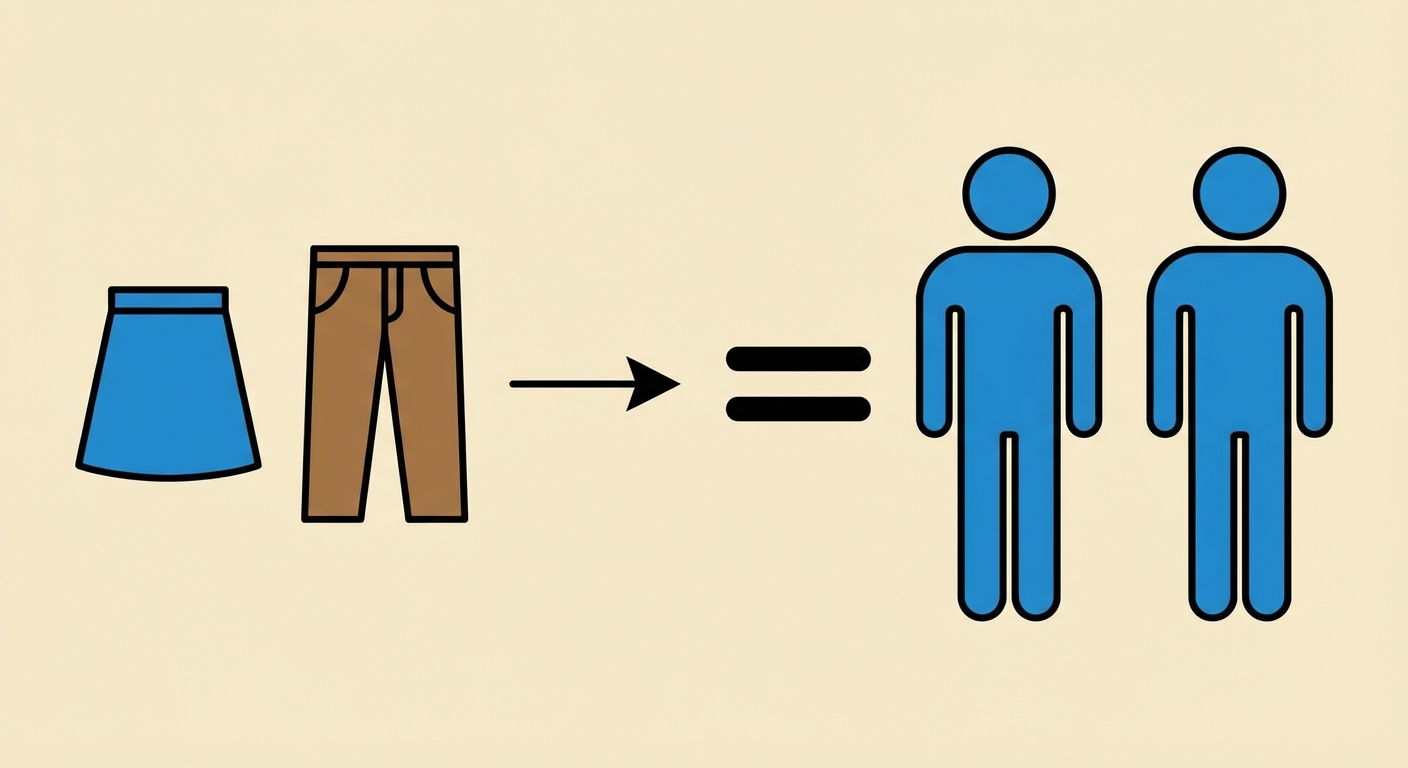 Schéma simple : à gauche, une icône de jupe (féminin) + une icône de pantalon (masculin). Une flèche pointe vers la droite où se trouve un signe égal '=' suivi du symbole masculin pluriel (deux bonshommes bleus).