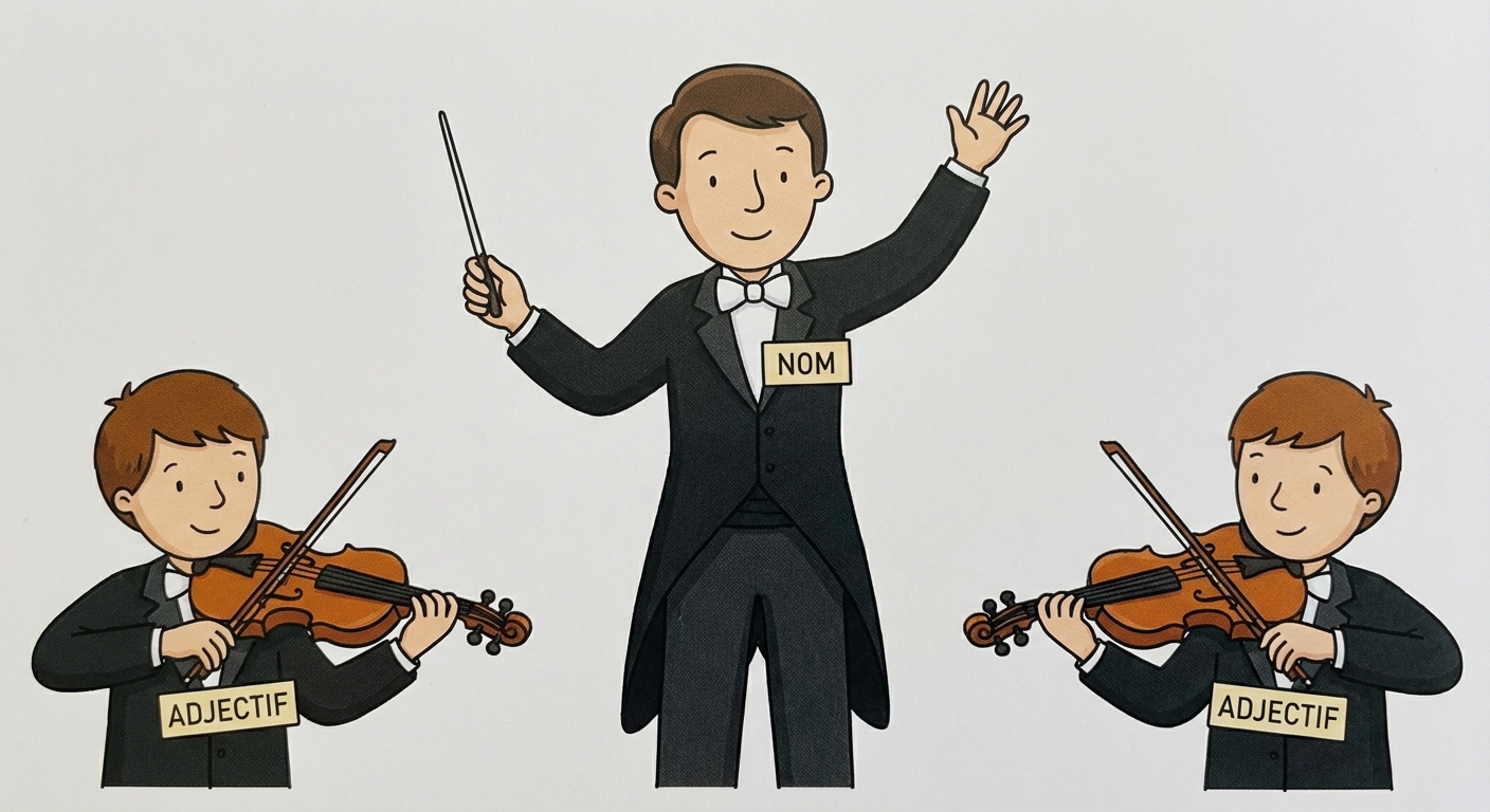 Dessin simple style bande dessinée : un chef d'orchestre au centre avec une baguette, portant une étiquette 'NOM' sur sa veste. Il dirige deux musiciens plus petits sur les côtés qui jouent du violon, portant des étiquettes 'ADJECTIF'. Fond blanc.