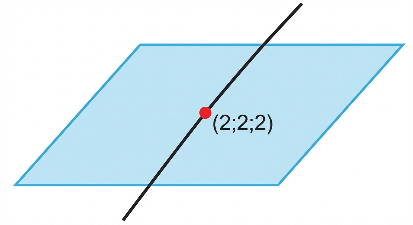 Schéma 3D mathématique propre sur fond blanc. Un plan bleu translucide incliné. Une droite noire traverse ce plan. Au point exact où la droite touche le plan, un point rouge bien visible est marqué. À côté du point rouge, l'annotation (2;2;2).