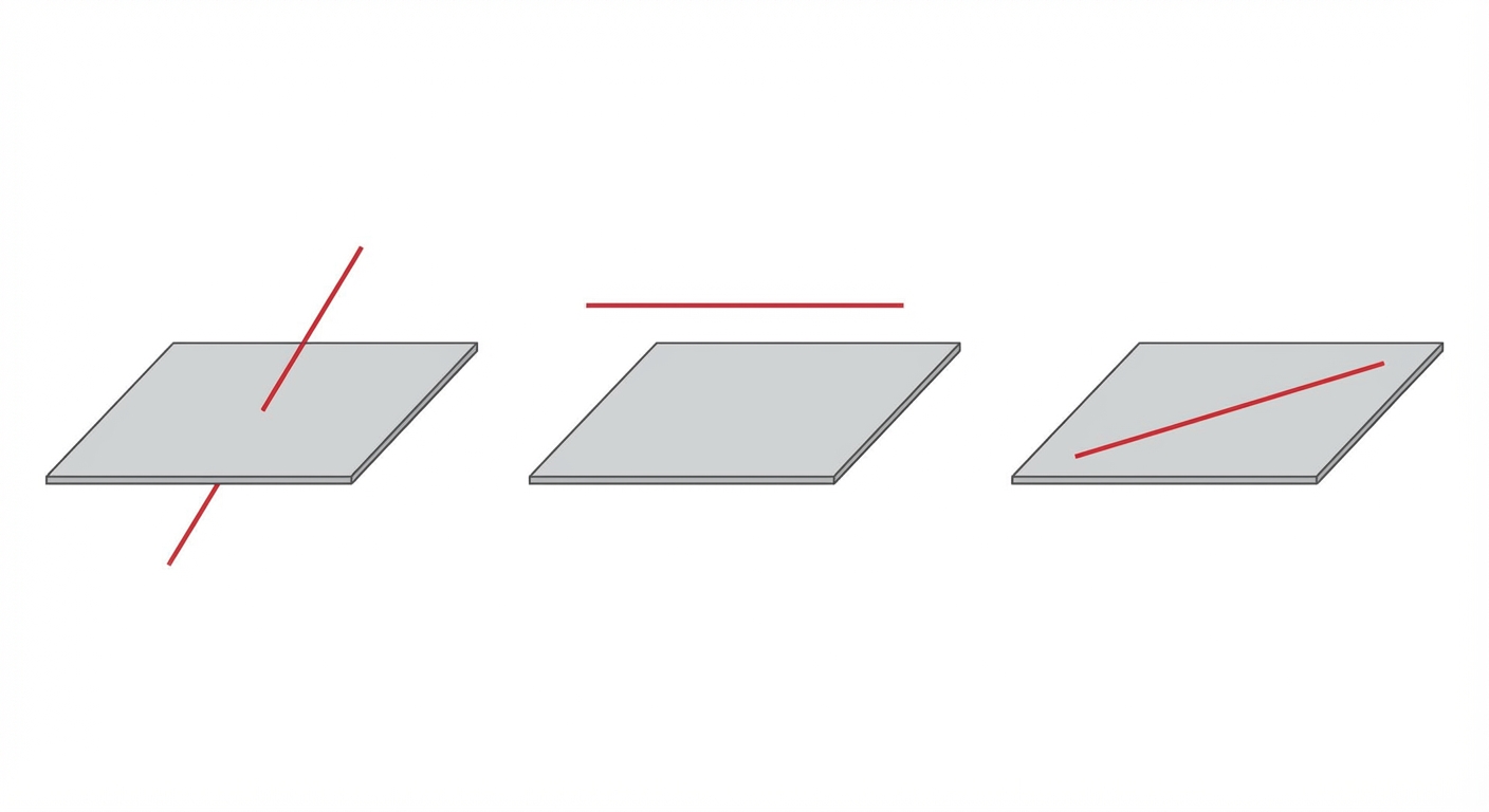 Schéma 3D minimaliste sur fond blanc. Trois situations alignées horizontalement. 1) À gauche : Un plan plat gris traversé par une ligne rouge (sécants). 2) Au centre : Un plan plat gris avec une ligne rouge qui flotte au-dessus, parfaitement parallèle. 3) À droite : Un plan plat gris avec une ligne rouge posée dessus (incluse).