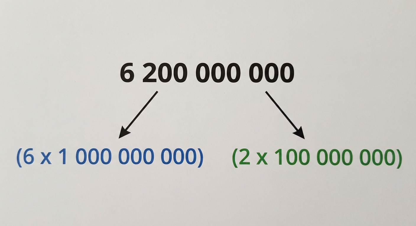 Schéma mathématique simple sur fond blanc. Au centre, le nombre '6 200 000 000' en gros caractères noirs. Deux flèches partent vers le bas. La flèche de gauche mène à '(6 x 1 000 000 000)' en bleu. La flèche de droite mène à '(2 x 100 000 000)' en vert.