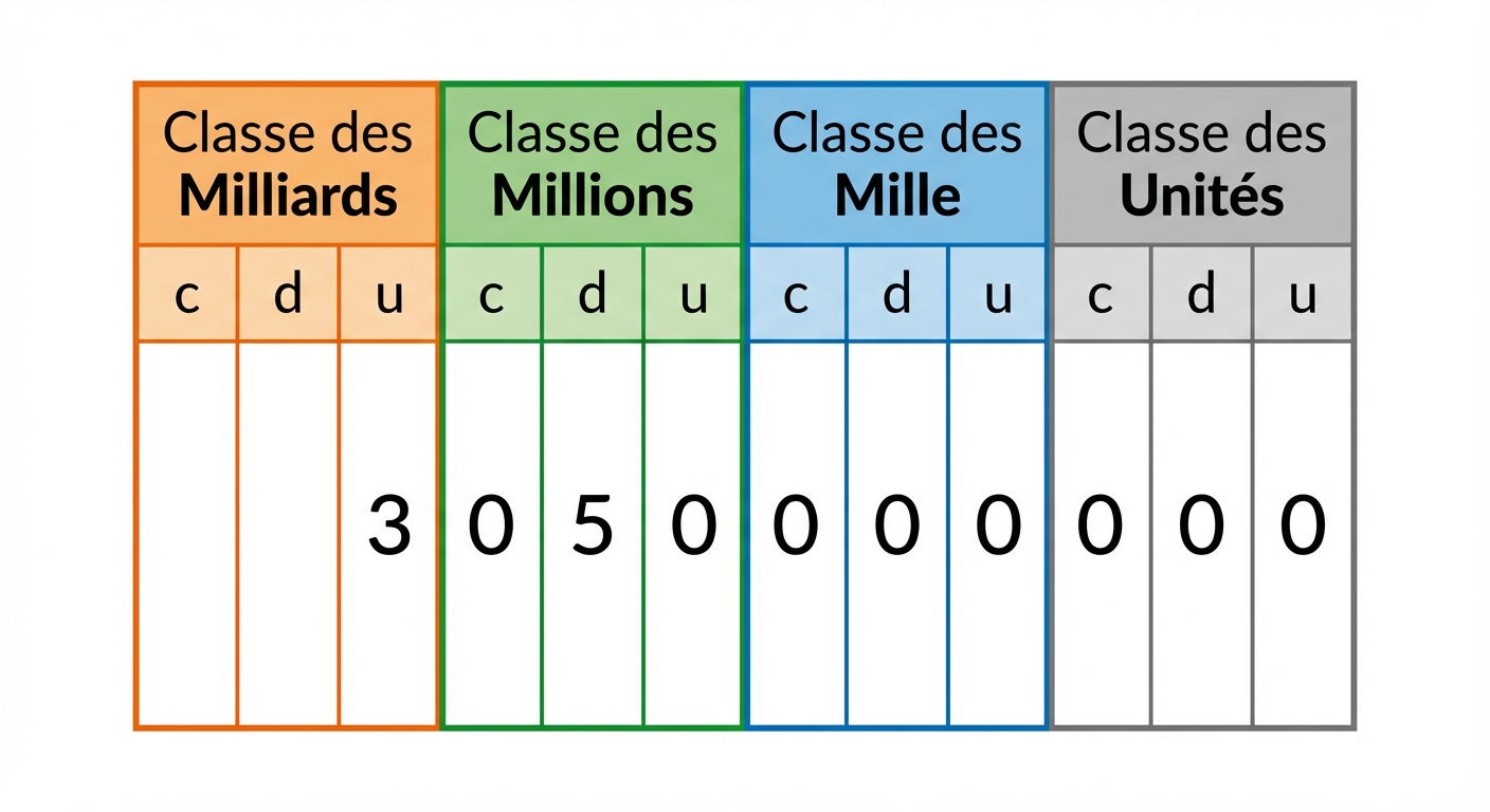 Tableau de numération pédagogique sur fond blanc. Quatre grandes colonnes colorées : Classe des Milliards (orange), Classe des Millions (vert), Classe des Mille (bleu), Classe des Unités (gris). Chaque colonne est divisée en c (centaines), d (dizaines), u (unités). Le nombre 3 050 000 000 est écrit dedans : 3 dans les unités de milliards, 050 dans les millions, 000 dans les mille, 000 dans les unités.