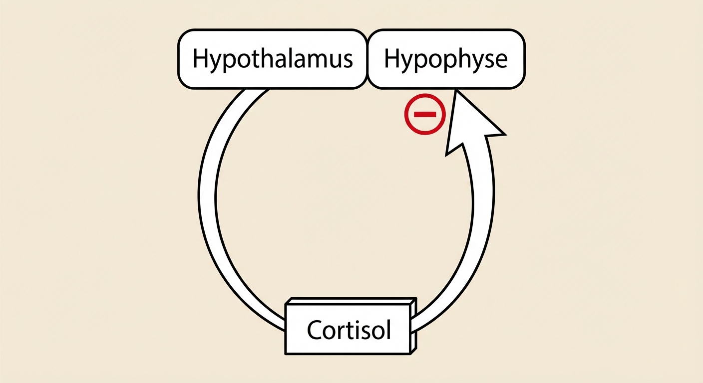 Schéma en boucle. Une flèche part du bas (Cortisol) et remonte vers le haut (Hypothalamus et Hypophyse). Au bout de la flèche remontante, un signe 'Moins' (-) rouge indique le freinage de la sécrétion de CRH et d'ACTH.
