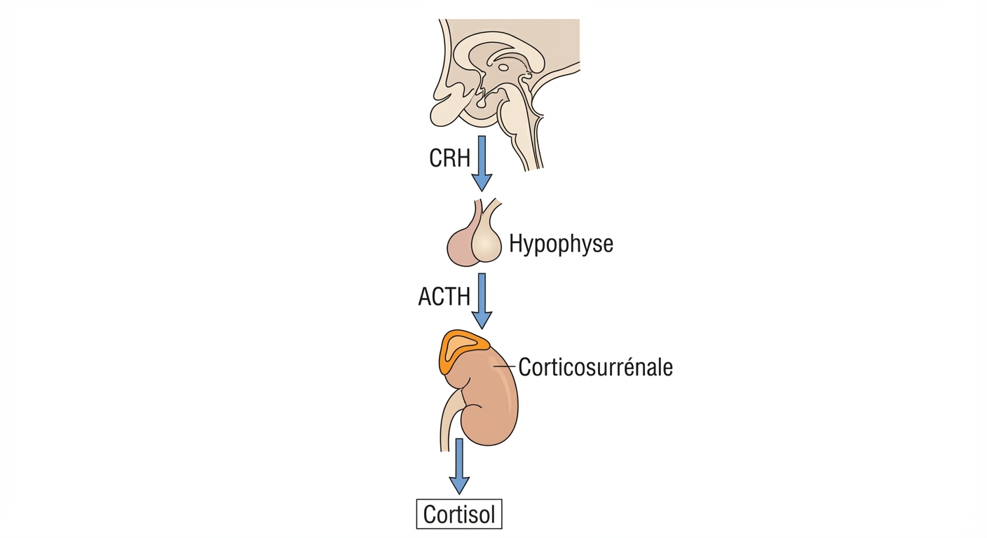 Schéma vertical. Trois niveaux reliés par des flèches descendantes. 1. Hypothalamus -> CRH -> 2. Hypophyse. Hypophyse -> ACTH -> 3. Corticosurrénale (pourtour de la glande surrénale). De là, une flèche finale sort nommée 'Cortisol'.