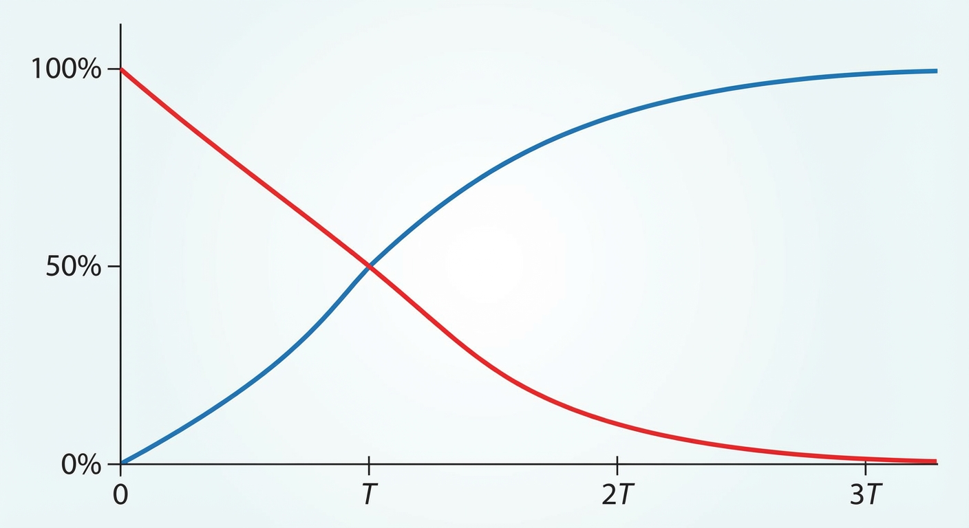 Graphique simple 2D avec deux courbes. Axe X : Temps (0, T, 2T, 3T). Axe Y : Nombre d'atomes. Une courbe rouge descendante part de 100% et descend (Décroissance Père). Une courbe bleue ascendante part de 0% et monte (Croissance Fils). Les deux courbes se croisent exactement au temps T avec 50% chacune.