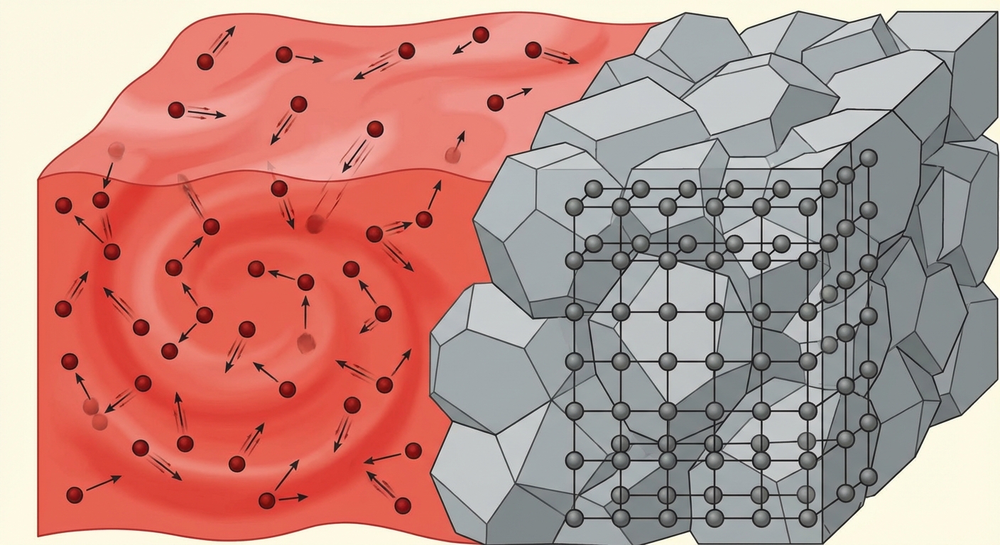 Schéma en coupe. À gauche : un liquide rouge et chaud (magma) avec des atomes qui bougent librement. À droite : une roche solide grise composée de cristaux géométriques emboîtés, les atomes sont figés à l'intérieur des cristaux.