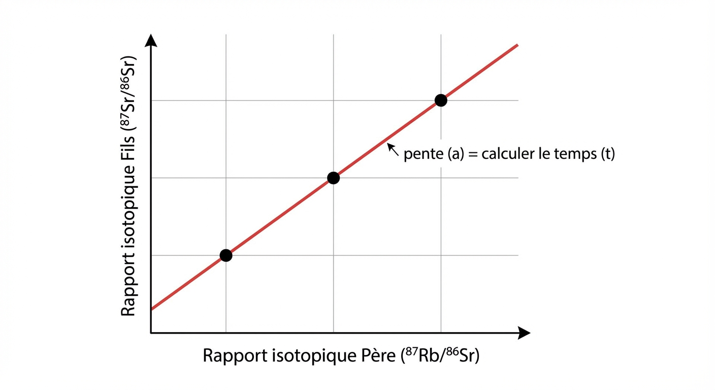 Graphique cartésien sur fond blanc. Axe X : rapport isotopique Père (ex: 87Rb/86Sr). Axe Y : rapport isotopique Fils (ex: 87Sr/86Sr). Trois points noirs sont alignés. Une droite rouge passe par ces points. Une annotation montre que la pente (a) permet de calculer le temps (t).