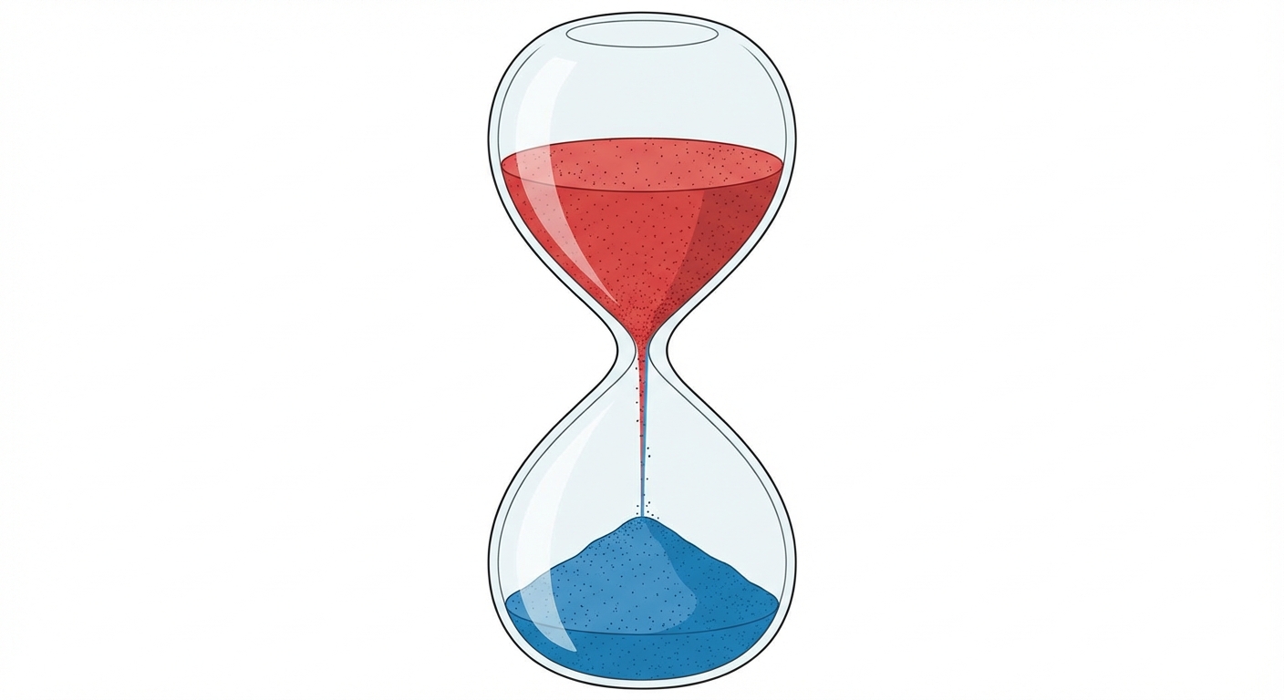Schéma simple d'un sablier sur fond blanc. Le bulbe du haut contient du sable rouge, le bulbe du bas contient du sable bleu. Le sable rouge s'écoule vers le bas et devient bleu en tombant.