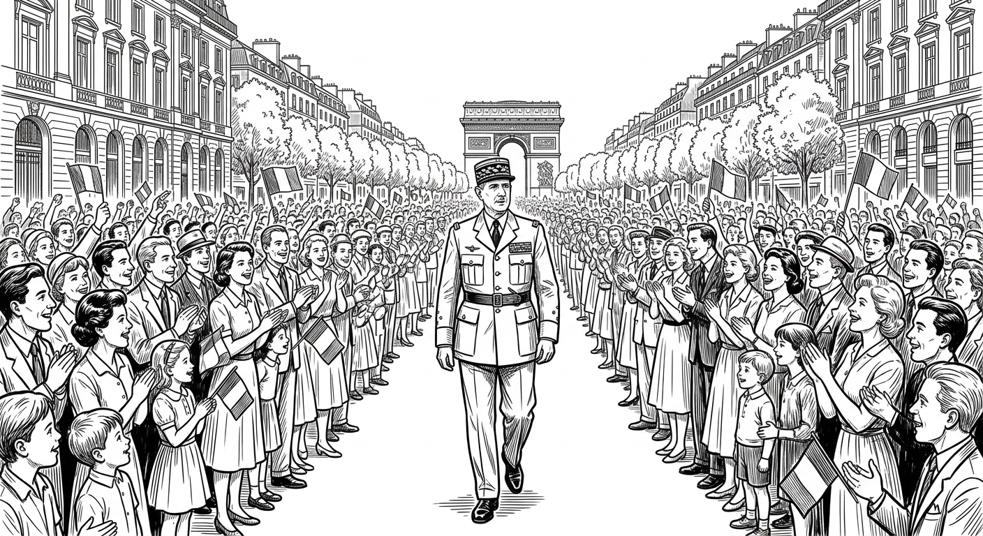 Dessin réaliste en noir et blanc style historique : Le Général de Gaulle en uniforme militaire marchant au centre de l'avenue des Champs-Élysées, entouré d'une foule immense et joyeuse agitant des drapeaux français.