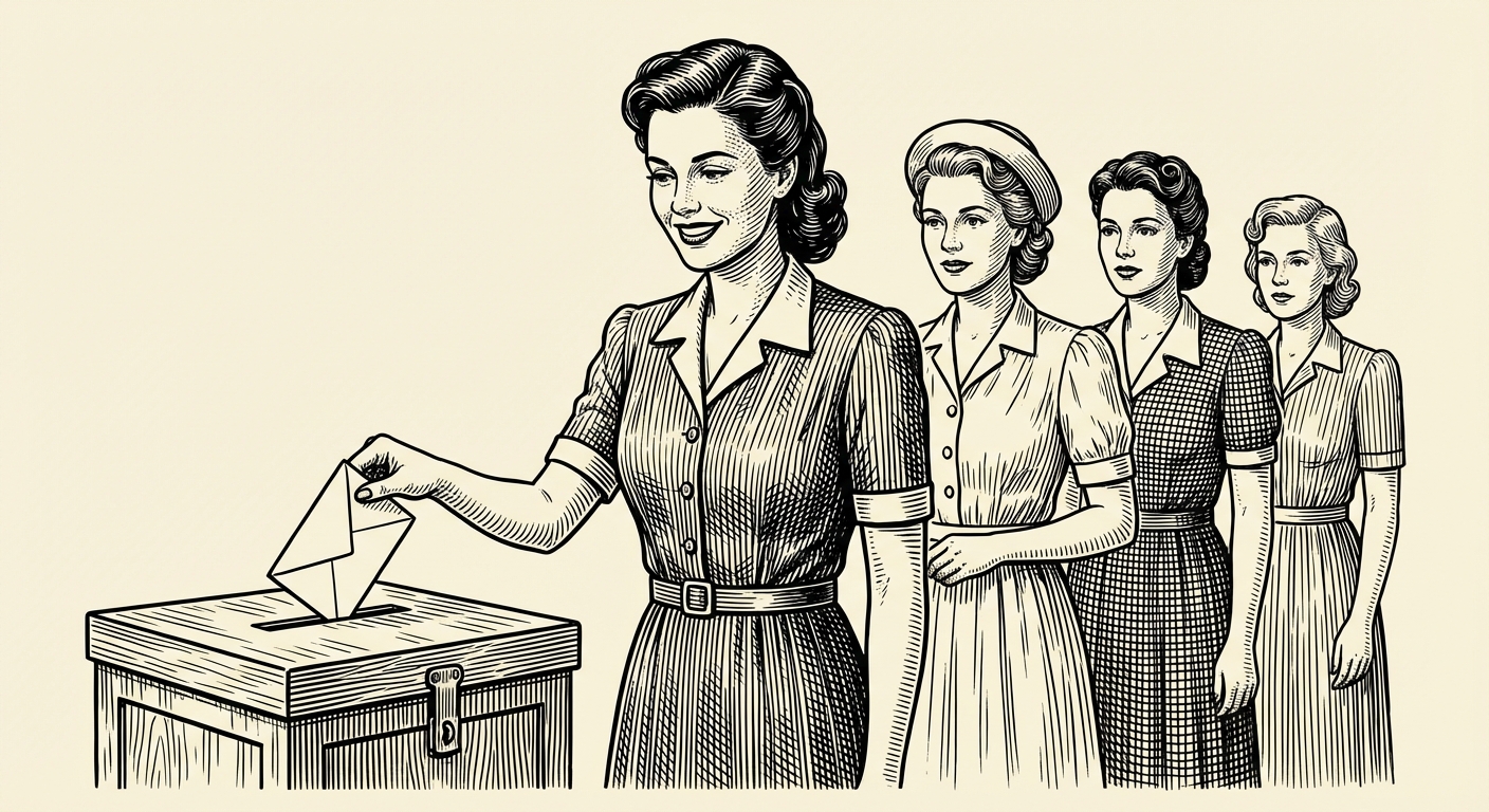 Illustration style gravure journal d'époque : une femme en tenue des années 40 glissant une enveloppe de vote dans une urne électorale, souriante, avec d'autres femmes faisant la queue derrière elle.