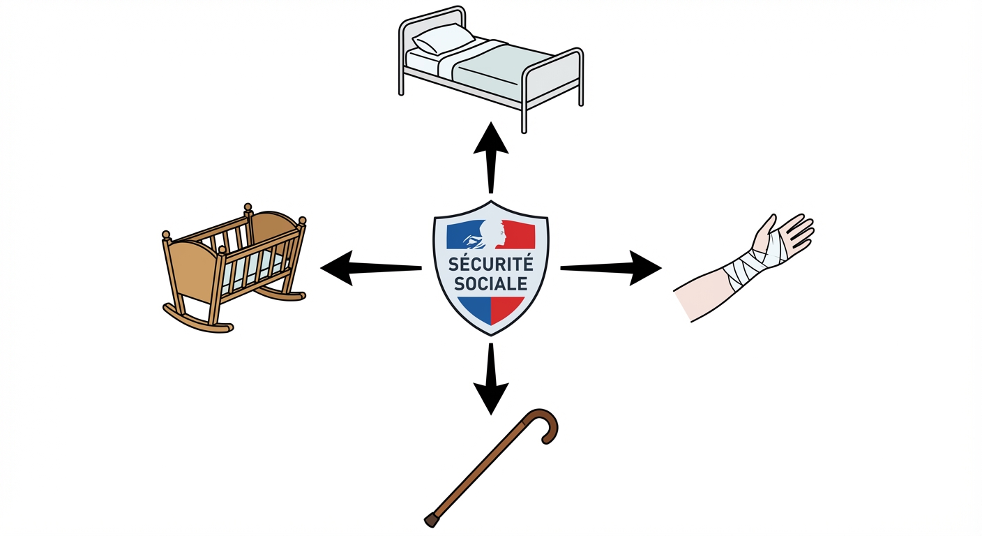Schéma simple sur fond blanc : au centre un bouclier marqué 'Sécurité Sociale'. Quatre flèches partent du bouclier vers quatre symboles : un lit d'hôpital (maladie), une canne (vieillesse), un berceau (famille), un bras bandé (accident du travail).