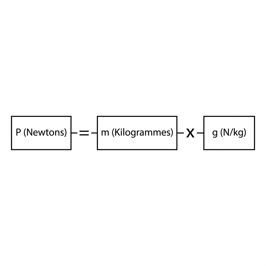 Schéma simple avec trois cases reliées. Case 1 : 'P (Newtons)'. Case 2 : 'm (Kilogrammes)'. Case 3 : 'g (N/kg)'. Un signe égal '=' entre P et m, et un signe multiplication 'x' entre m et g. Fond blanc, texte noir lisible.