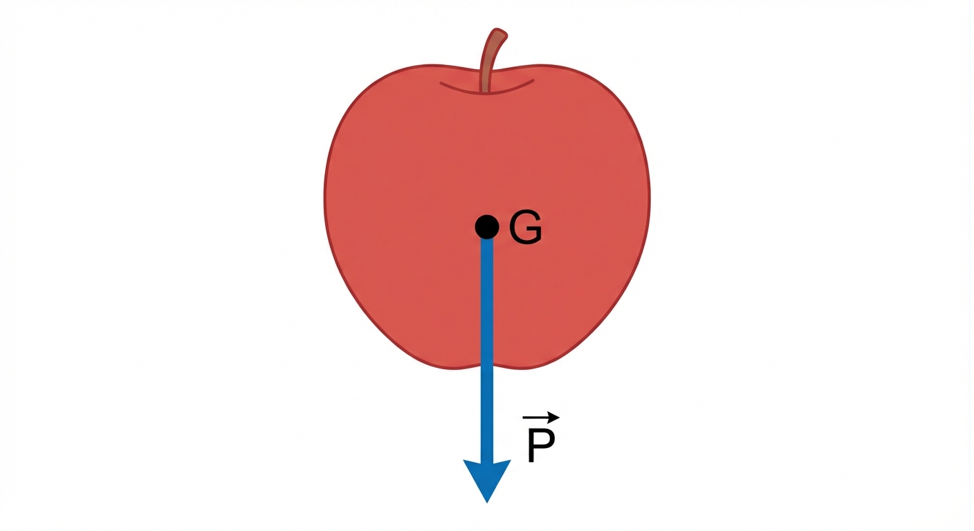 Dessin technique simple : une pomme rouge ronde. Au centre exact de la pomme, un point noir marqué 'G'. De ce point part une flèche bleue épaisse qui pointe directement vers le bas. À côté de la flèche, la lettre 'P' avec une petite flèche au-dessus (notation vectorielle).