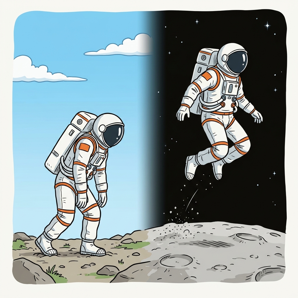 Dessin simple style bande dessinée : à gauche, un astronaute sur la Terre qui a du mal à marcher (lourd). À droite, le même astronaute sur la Lune qui fait un grand bond en l'air (léger). Fond simple pour distinguer Terre (ciel bleu) et Lune (ciel noir).