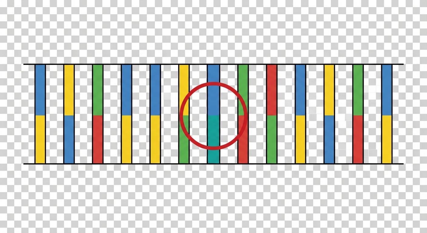 Schéma simple en 2D d'un fragment d'ADN déroulé (échelle). Les barreaux sont colorés par paires. Au centre, un barreau est mis en évidence par un cercle rouge pour montrer une paire incorrecte ou modifiée par rapport aux autres.