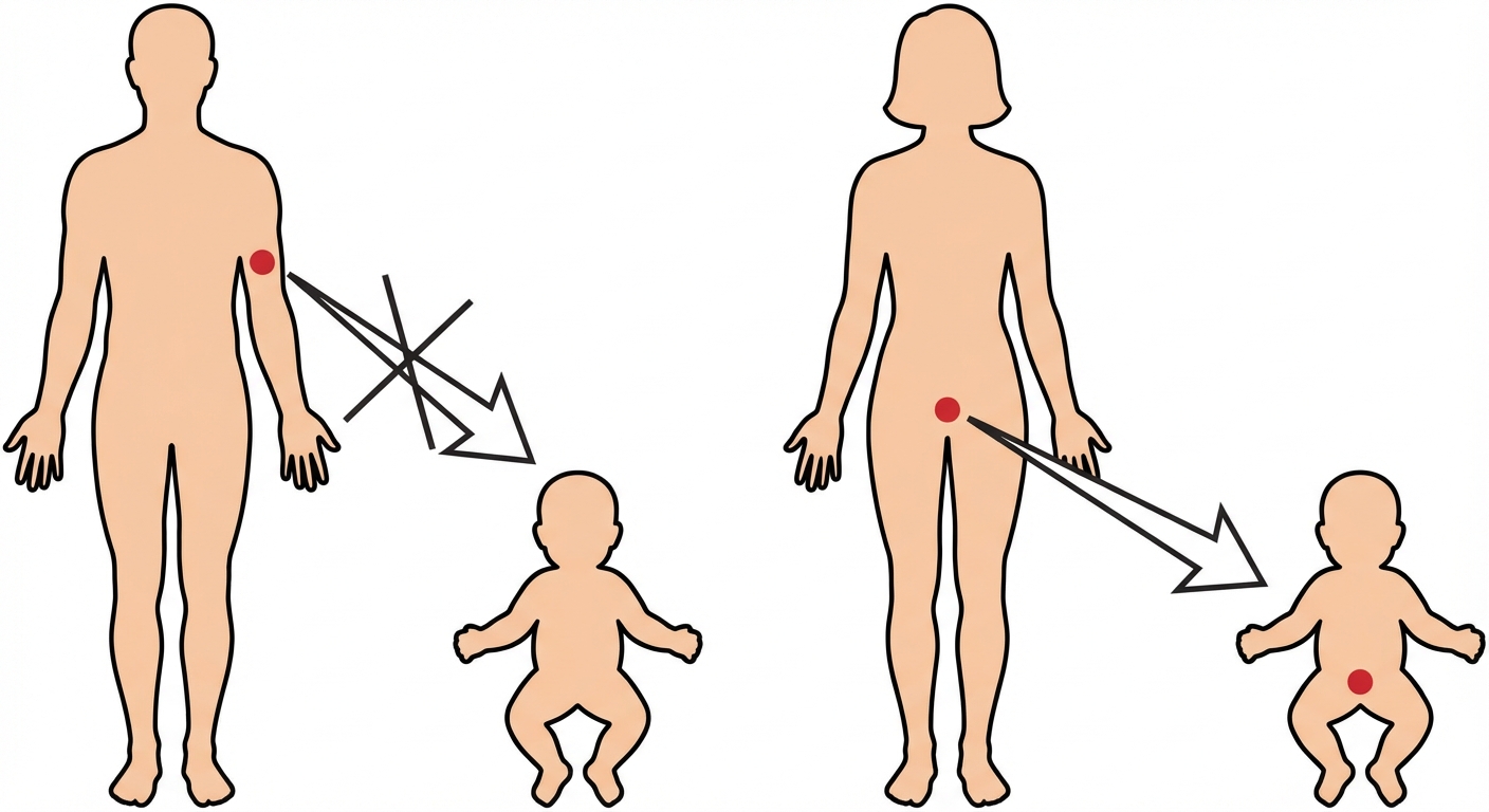 Dessin comparatif. À gauche, une silhouette humaine avec un point rouge sur le bras (cellule somatique), une flèche barrée vers un bébé. À droite, une silhouette avec un point rouge au niveau des organes reproducteurs, une flèche valide vers un bébé qui a aussi un point rouge.