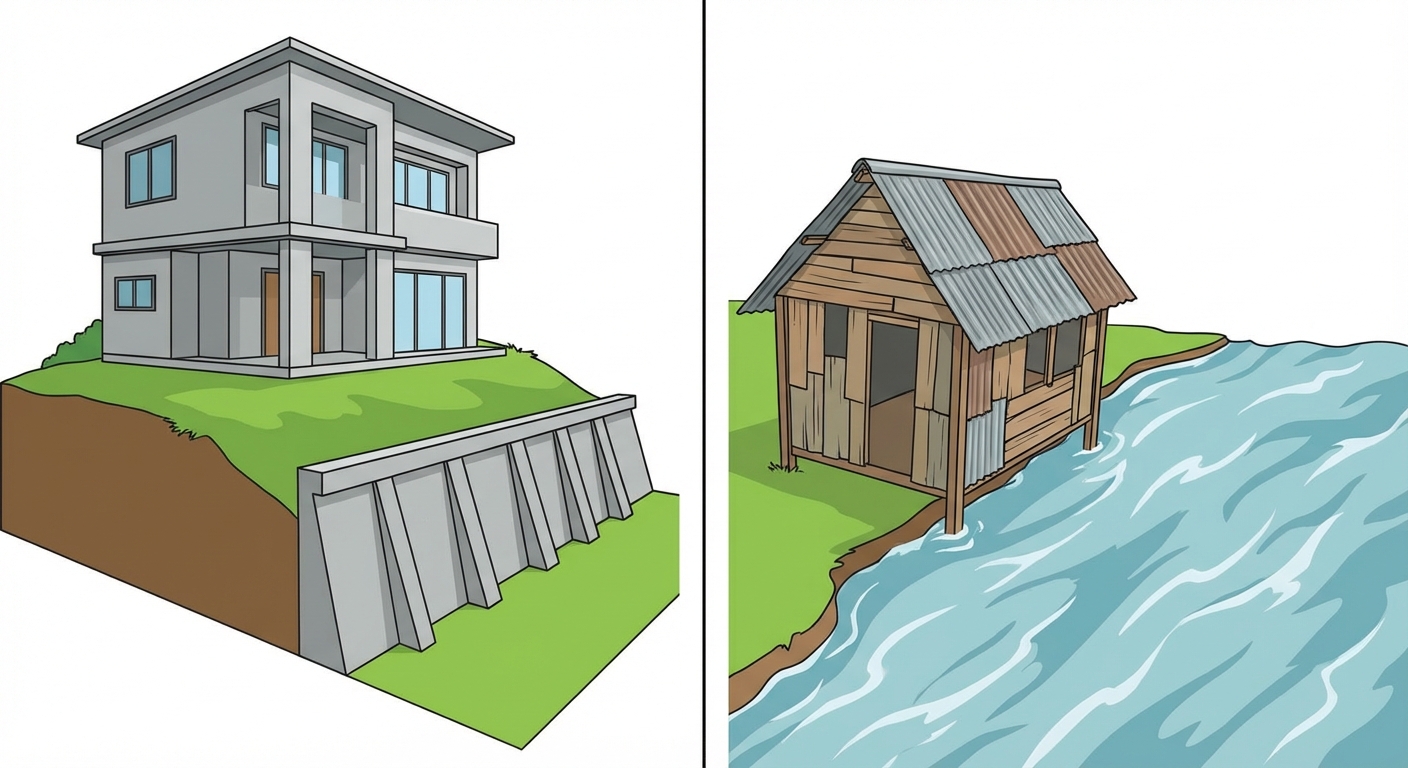 Dessin simple séparé en deux par une ligne verticale. À gauche, une grande maison moderne en béton posée sur une petite colline verte, avec un mur de protection en bas. À droite, une petite cabane fragile faite de planches de bois et de tôle, construite juste au bord d'une rivière très haute.