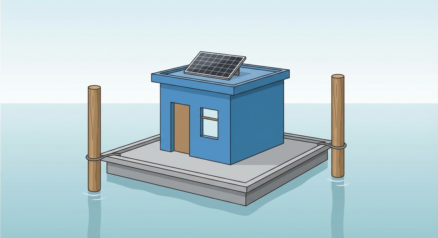 Dessin d'une petite maison carrée peinte en bleu, posée sur une plateforme flottante grise au milieu de l'eau. La plateforme est attachée à deux grands poteaux en bois enfoncés dans l'eau de chaque côté. La maison a un petit panneau solaire noir sur son toit plat.
