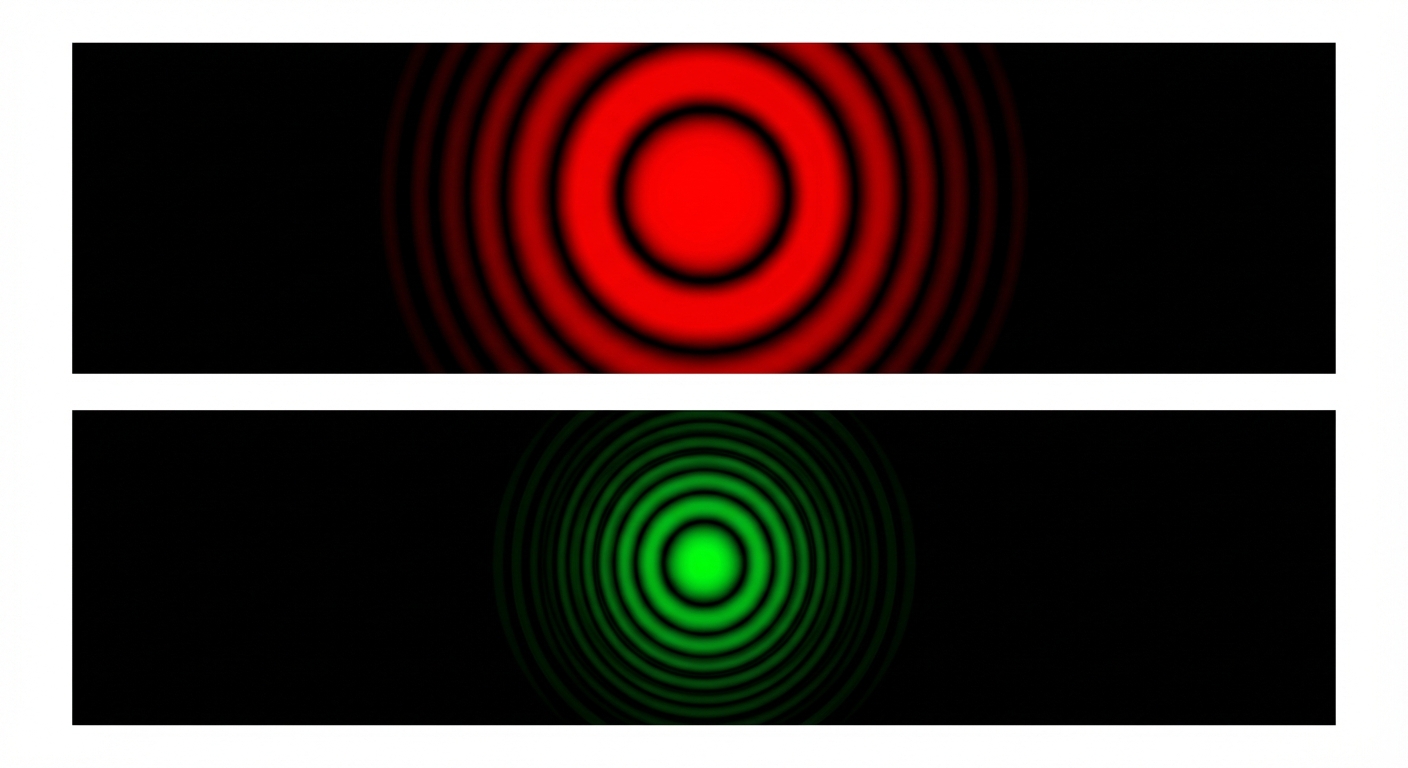 Dessin de deux bandes horizontales noires l'une sous l'autre. La bande du haut montre une tache de diffraction rouge au centre, large. La bande du bas montre une tache de diffraction verte au centre, nettement plus étroite. Fond noir.