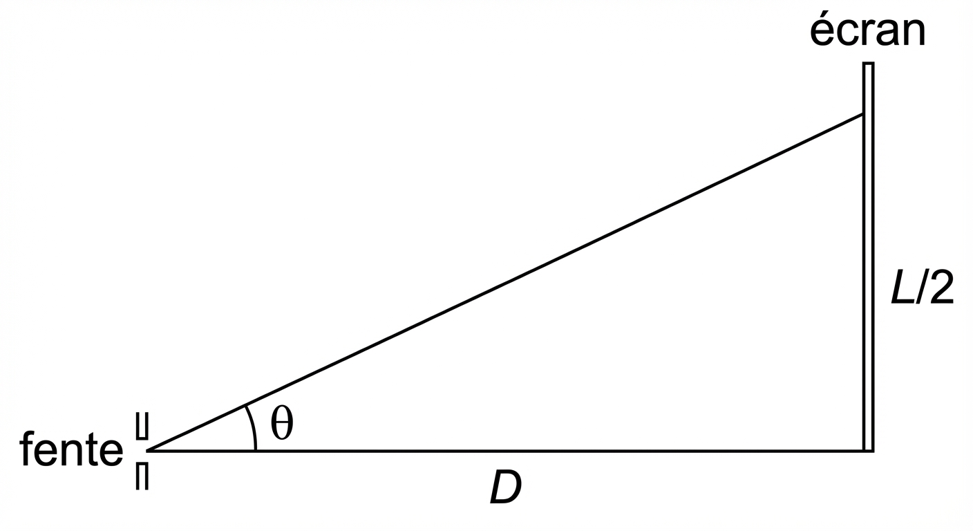 Schéma géométrique vue de dessus. Un triangle rectangle est formé. Le côté adjacent horizontal est noté 'D'. Le côté opposé vertical est noté 'L/2'. L'hypoténuse relie la fente à l'écran. L'angle près de la fente est noté thêta.