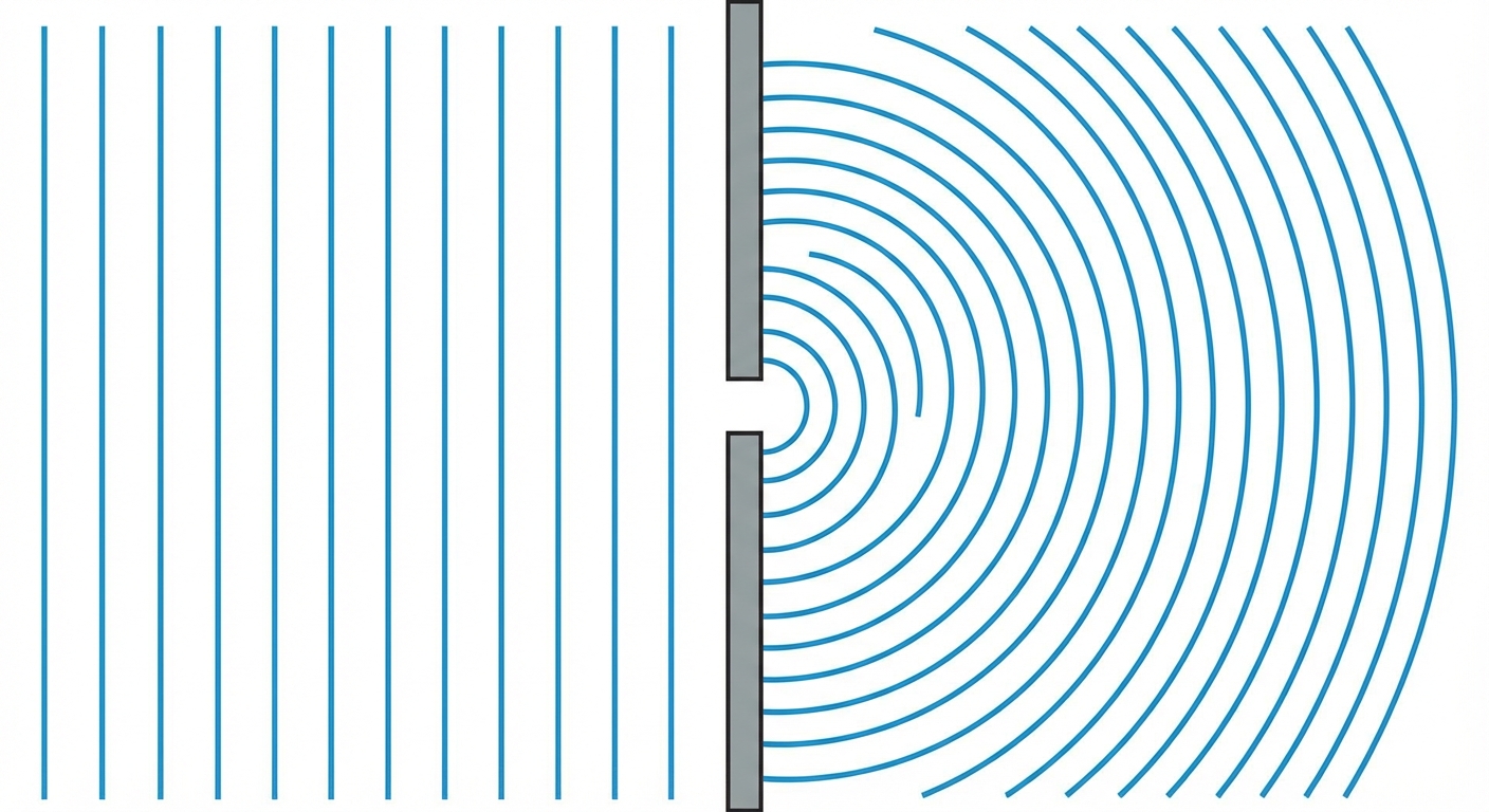 Schéma simple vue de dessus. À gauche, des lignes bleues parallèles et verticales représentent la houle qui avance vers la droite. Au milieu, un mur gris vertical avec une petite ouverture au centre. À droite du mur, après l'ouverture, les lignes bleues deviennent des demi-cercles concentriques qui s'agrandissent en s'éloignant du mur. Fond blanc.