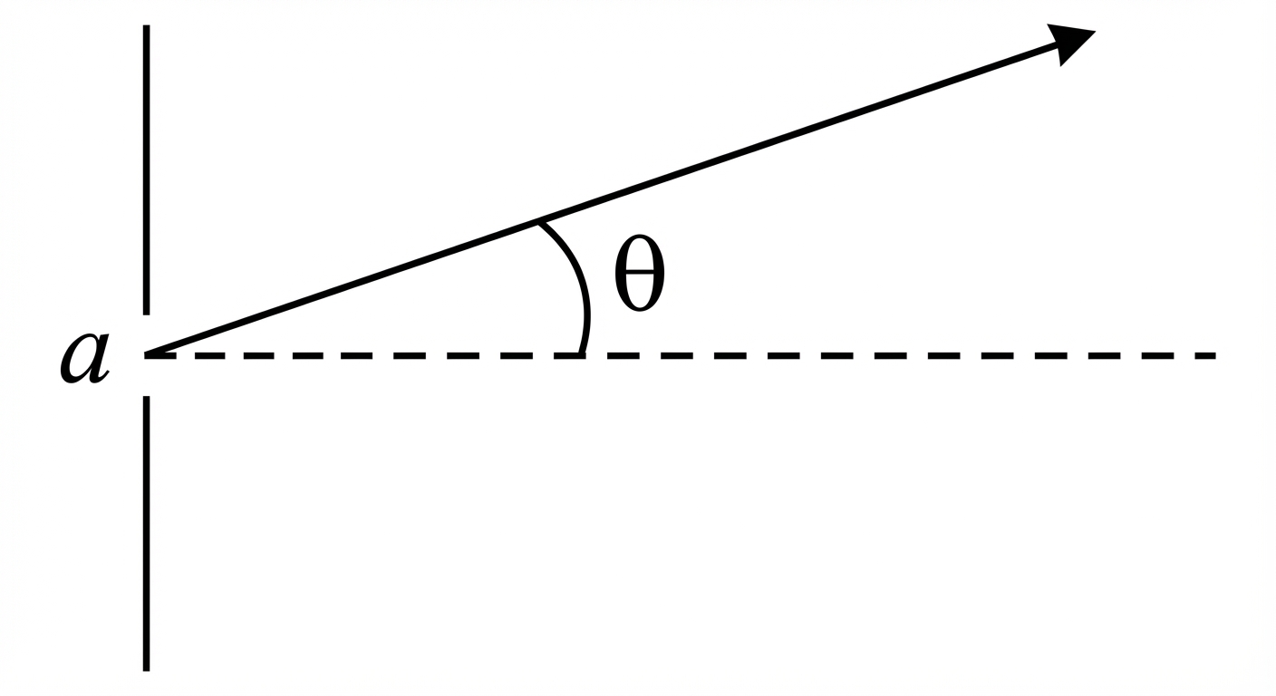 Schéma de profil épuré sur fond blanc. À gauche, une fente verticale nommée 'a'. Une ligne pointillée horizontale part du centre de la fente vers la droite (l'axe optique). Un rayon lumineux solide part de la fente et monte légèrement en diagonale. L'angle entre la ligne pointillée et le rayon solide est marqué par un arc de cercle et le symbole grec thêta.