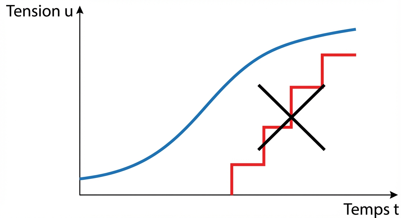 Graphique simple sur fond blanc. Axe vertical 'Tension u', axe horizontal 'Temps t'. Une courbe bleue monte progressivement et doucement (lisse). À côté, pour comparaison, une courbe rouge en forme de marche d'escalier abrupte est barrée d'une croix noire.