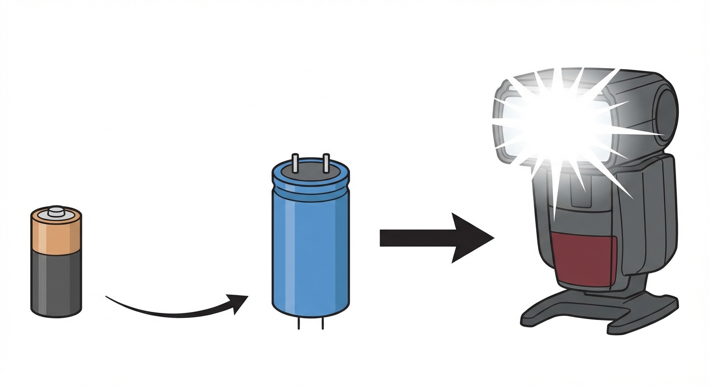 Dessin schématique simple : à gauche une petite pile standard. Au centre, un condensateur cylindrique bleu. À droite, un flash d'appareil photo émettant une lumière blanche intense. Une flèche courbe relie la pile au condensateur (charge lente), et une flèche plus grosse relie le condensateur au flash (décharge rapide).