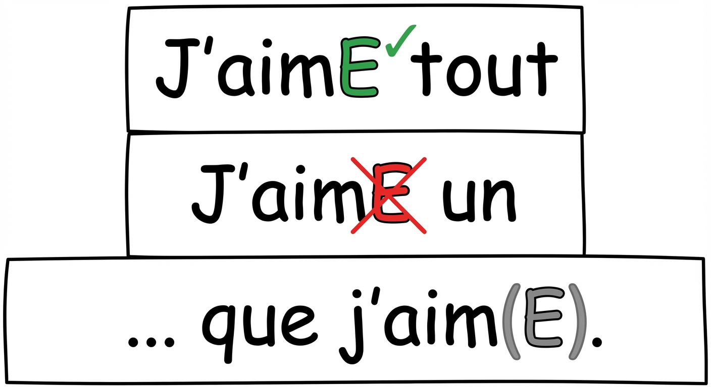 Schéma simple sur fond blanc. Trois cas alignés verticalement. 1 : 'J'aimE tout' (le E est vert et validé, car suivi d'une consonne). 2 : 'J'aimE un' (le E est barré en rouge, car suivi d'une voyelle). 3 : '... que j'aimE.' (le E en fin de ligne est gris et entre parenthèses).