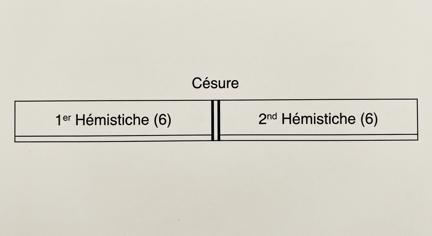 Schéma d'une barre horizontale divisée exactement au milieu par une double barre verticale (//). La partie gauche est étiquetée '1er Hémistiche (6)', la partie droite '2nd Hémistiche (6)'. La double barre est étiquetée 'Césure'.