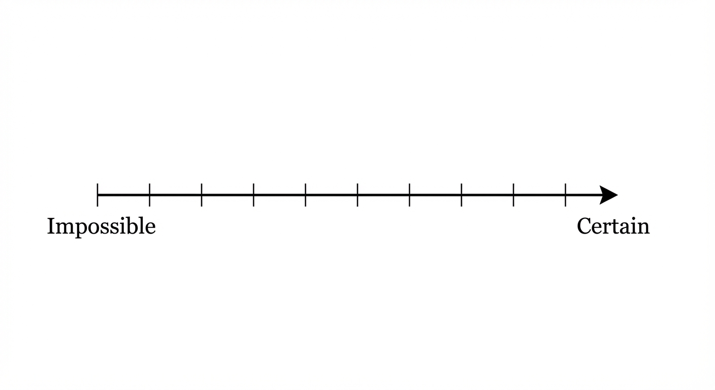 Schéma simple : une flèche horizontale allant de gauche à droite. À l'extrémité gauche (0) le mot 'Impossible'. À l'extrémité droite (1) le mot 'Certain'. Au milieu, une zone graduée. Fond blanc épuré.