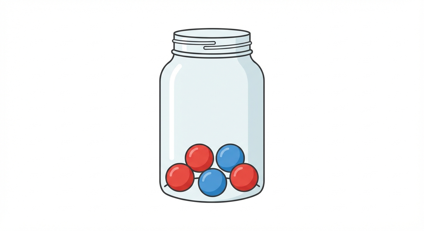 Dessin vectoriel simple : un bocal en verre transparent (urne). À l'intérieur, il y a exactement 5 billes rondes : 3 billes sont rouges et 2 billes sont bleues. Fond blanc.
