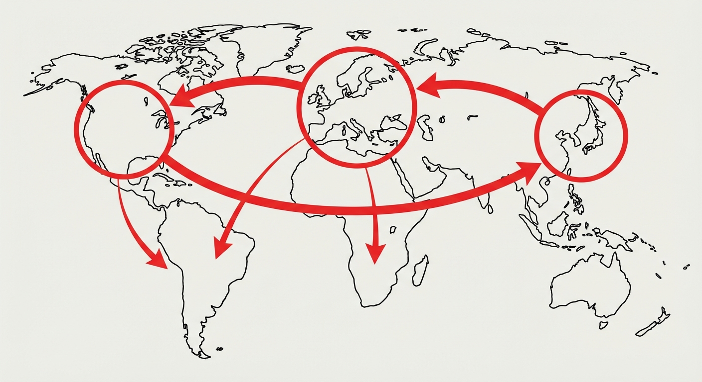 Schéma simplifié d'une carte du monde. Trois gros cercles rouges entourent l'Europe, l'Amérique du Nord et le Japon/Chine. Des flèches épaisses relient ces cercles entre eux. Quelques flèches plus fines partent de ces cercles vers le Sud (Afrique, Amérique latine).