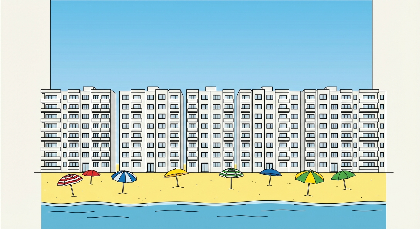Dessin d'une station balnéaire vue de la mer : une plage de sable jaune au premier plan avec des parasols colorés, et juste derrière, une barrière continue de grands immeubles blancs modernes de 10 étages. Ciel bleu sans nuage.