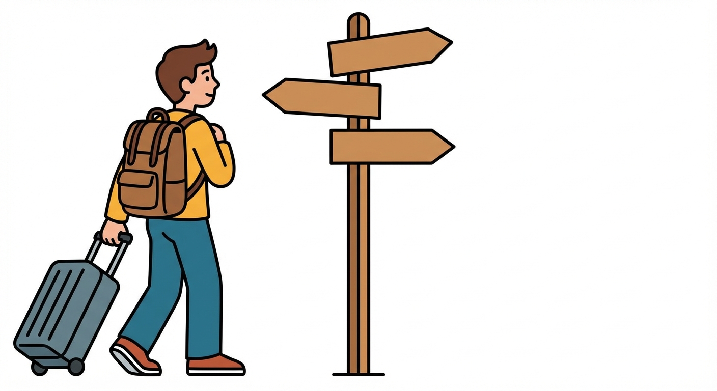Dessin vectoriel simple sur fond blanc : un personnage stylisé portant un sac à dos et tirant une valise à roulettes. Il regarde un panneau directionnel en bois avec trois flèches pointant vers des directions différentes.