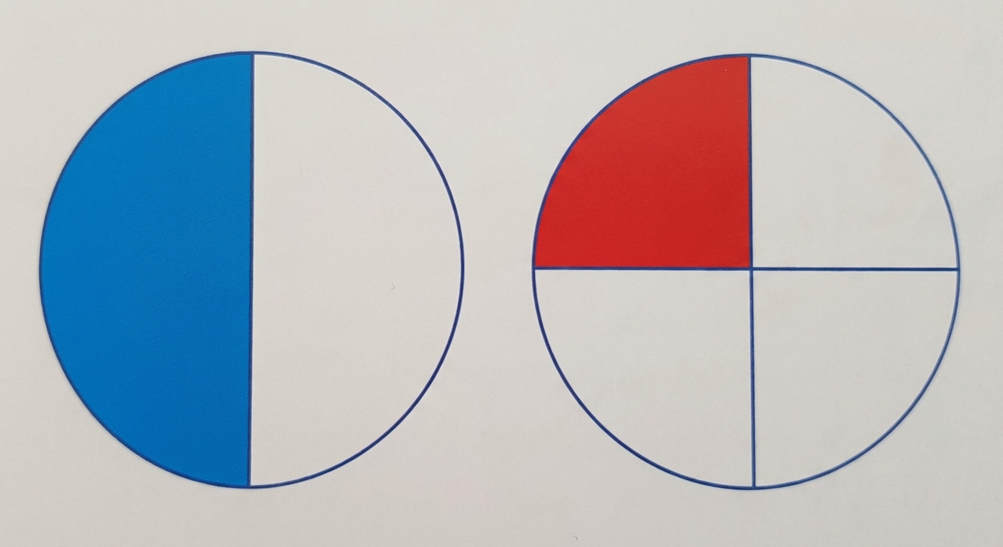 Dessin de deux cercles identiques côte à côte. Le cercle de gauche est coupé en 2, avec la moitié gauche coloriée en bleu. Le cercle de droite est coupé en 4, avec un quart colorié en rouge.