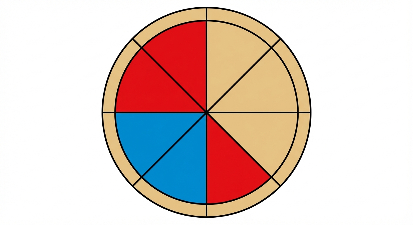 Dessin simple vue de dessus : une pizza ronde découpée en 8 parts triangulaires identiques. 3 parts sont coloriées en rouge, 2 parts sont coloriées en bleu, et les 3 autres parts restent couleur pâte. Fond blanc.