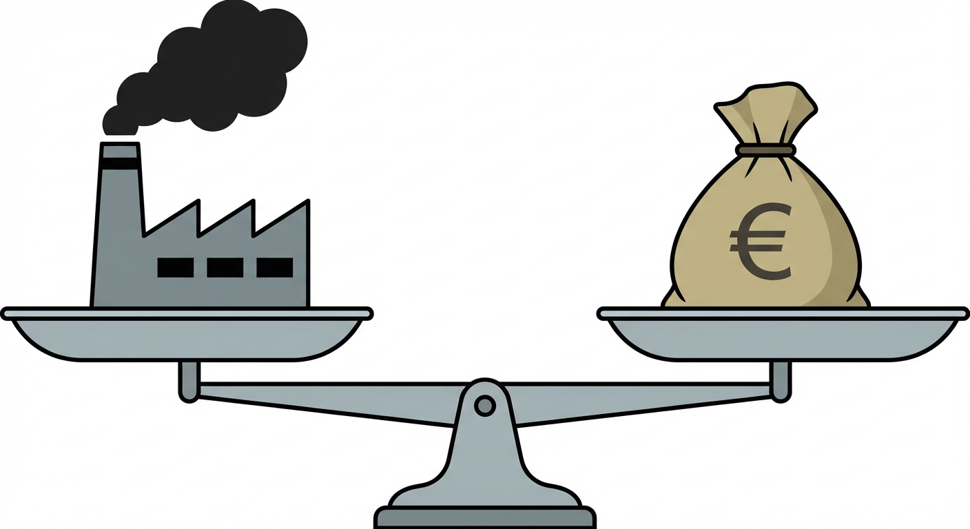 Dessin vectoriel simple sur fond blanc. Une balance à deux plateaux. Sur le plateau de gauche, une usine grise avec de la fumée noire. Sur le plateau de droite, un gros sac avec le symbole de l'euro dessus. La balance est parfaitement à l'équilibre.