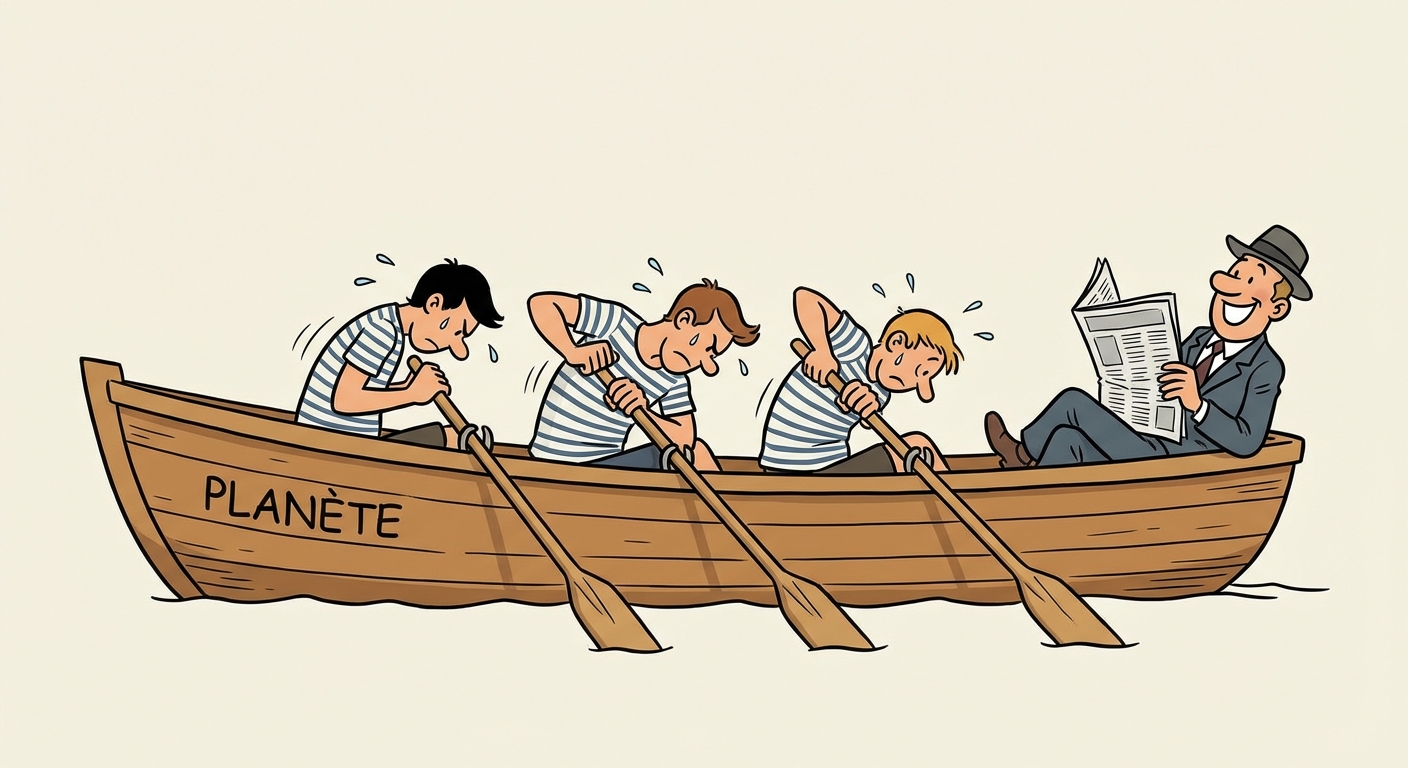 Dessin de style bande dessinée simple. Un grand bateau à rames nommé PLANÈTE. Trois personnages rament fort et transpirent. Un quatrième personnage, assis confortablement à l'arrière, lit un journal et sourit sans ramer.