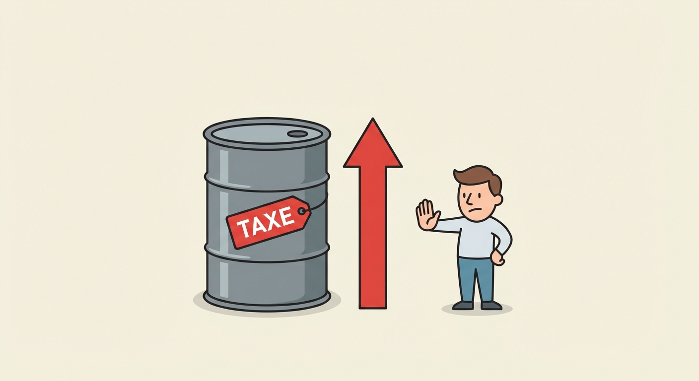 Schéma simple en 2D. Une étiquette de prix rouge marquée TAXE est collée sur un baril de pétrole gris. À côté, une flèche rouge pointe vers le haut pour indiquer que le prix monte. Juste à droite, un petit personnage stylisé représentant un consommateur fait un geste de refus avec la main.