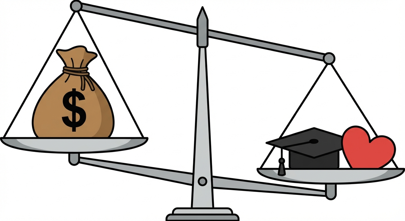 Dessin vectoriel simple d'une balance à deux plateaux sur fond blanc. Sur le plateau de gauche, il y a un gros sac avec un signe dollar. Sur le plateau de droite, il y a un chapeau de diplômé universitaire et un cœur rouge symbolisant la santé. La balance penche légèrement vers la droite (diplôme et santé).