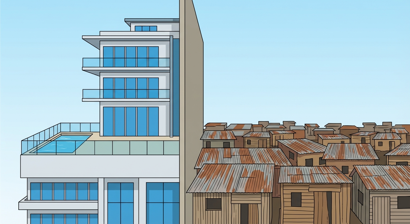 Dessin réaliste vue de coupe : à gauche, un immeuble moderne luxueux avec piscine sur le balcon et fenêtres bleues. À droite, séparé par un simple mur, un bidonville avec des toits en tôle rouillée et des cabanes en bois. Fond ciel bleu clair.