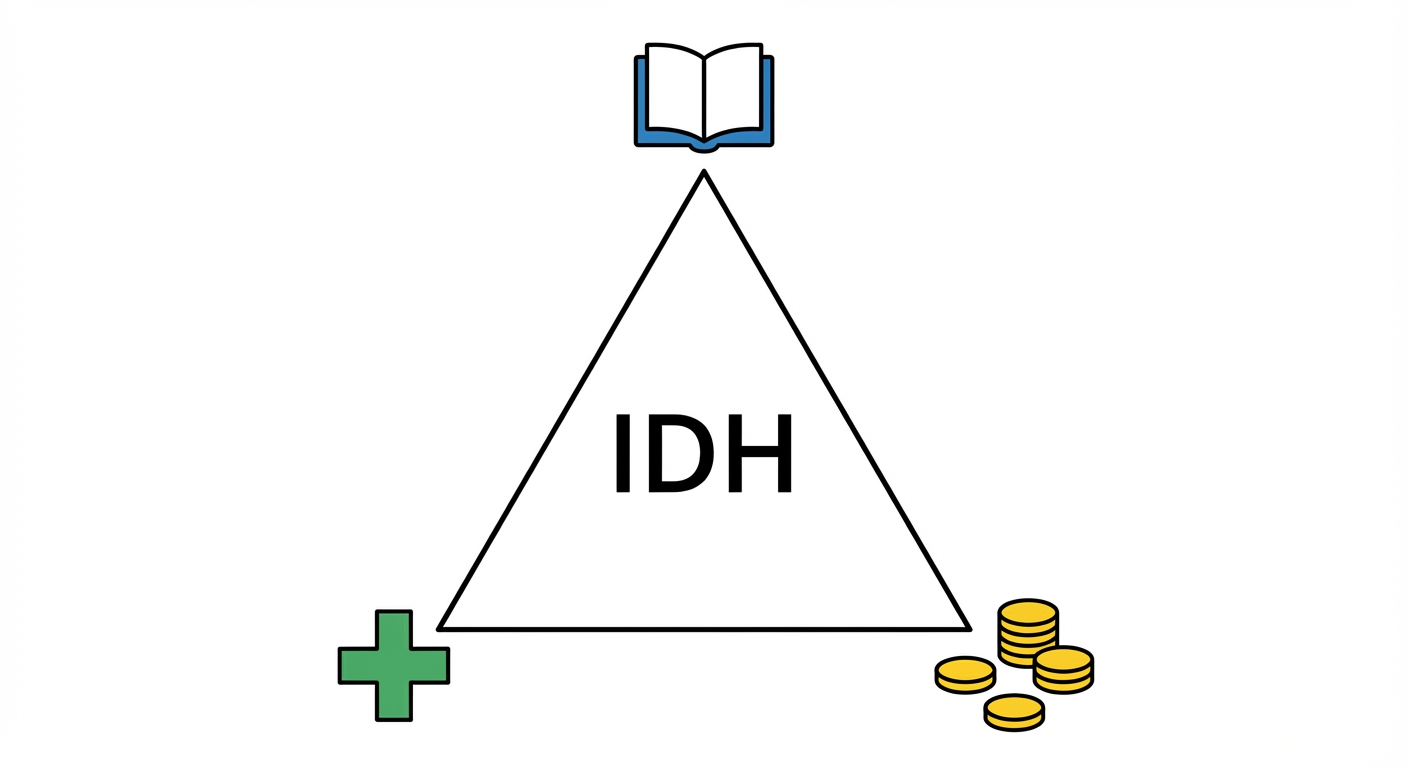 Schéma pédagogique simple sur fond blanc : un grand triangle équilatéral. À la pointe du haut, une icône de livre ouvert bleu (éducation). À la pointe bas-gauche, une croix médicale verte (santé). À la pointe bas-droite, des pièces de monnaie jaunes (niveau de vie). Au centre du triangle, le texte 'IDH' en gros caractères noirs.
