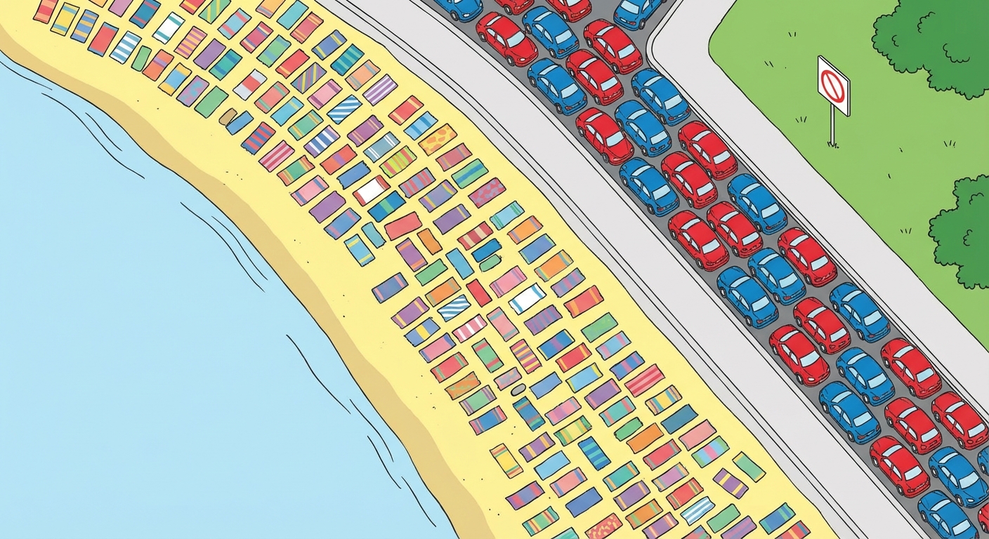 Dessin vue de dessus : une côte avec une plage bondée de serviettes multicolores. Juste derrière, une route embouteillée de voitures rouges et bleues. À côté, un petit espace vert avec un panneau 'Interdit au public'.